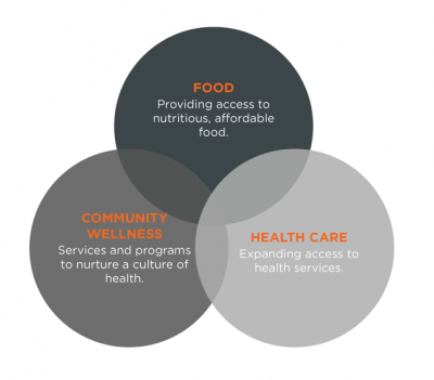 Three Circles. One with Food saying providing access to nutritious, affordable food. Another with Community Wellness saying services and programs to nurture a culture of health. Last one with Health Care saying expanding access to health services.